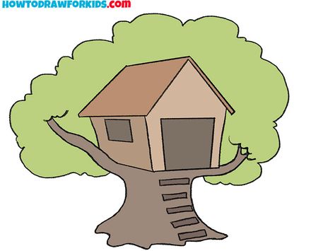 tree house drawing tutorial How To Draw A Treehouse, Tree House Designs Drawing, House In A Tree Drawing, Cartoon Tree House, Tree House Drawing Simple, Tree House Drawing, Sketching Tips, Building Drawing, Quaint Cottage