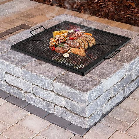 Diy Outdoor Cooking Fire Pits, Campsite Design Ideas, Wood Fire Cooking Pit, Square Firepits Backyard Ideas, Square Outdoor Fire Pit Ideas, Backyard Fire Pit Square, Fire Pit Ideas Square, Square Outdoor Fire Pit, Fire Pit Grill Ideas