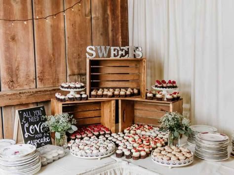 Wedding Dessert Table Rustic Wooden Crates, Rustic Wedding Cake Table Display Wooden Crates, Wooden Crate Dessert Display, Rustic Theme Dessert Table, Sweet Table Display Ideas, Crate Desert Table, Rustic Sweets Table, Wedding Dessert Table Display Ideas, Dessert Table With Crates