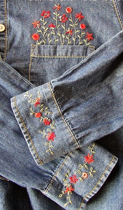 Umgestaltete Shirts, Denim Embroidery, Embroidery Stitches Tutorial, Pola Sulam, Denim Ideas, Shirt Refashion, Embroidery On Clothes, Simple Embroidery, 자수 디자인