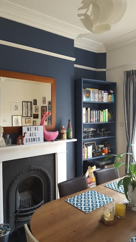 Dulux Breton Blue walls and painted Ikea Billy bookcase (also painted in Breton Blue). MADE Edelweiss dining table. Sofa Colour, Victorian Living Room, Dark Living Rooms, Picture Rail, Dulux Heritage, Front Rooms, Blue Living Room, Blue Rooms, Lounge Room