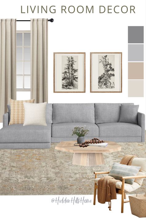 Living room decor design with a gray sectional sofa and decor accents to pair with Grey Sectional Living Room With Accent Chair, Grey Sofa Living Room Modern, Sofa Gray Living Room, Traditional Living Room Grey Couch, Studio Mcgee Grey Couch, Grey Sofa Accent Chair, Family Room Design Gray Couch, Grey Sofa With Accent Chair, Light Grey Sectional Living Room Ideas