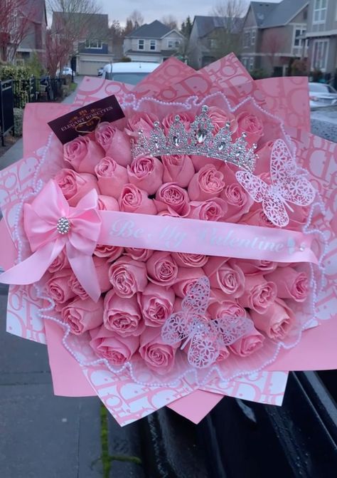 Tiara Flower, Ribbon Rose Bouquets, Roses Bouquet Gift, Ribbon Flowers Bouquet, Pink Flower Bouquet, Birthday Flowers Bouquet, Luxury Flower Bouquets, Pink Rose Bouquet, Flower Bouquet Diy