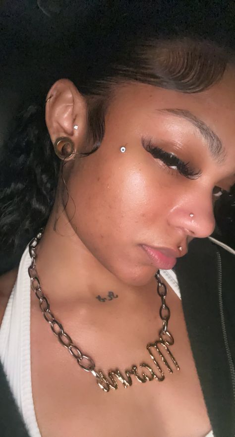 Piercing Black Women, Facial Dermal Piercing, Face Dermal Piercing, Face Dermal, Chest Piercing, Ashley Piercing, Monroe Piercings, Medusa Piercing, Alt Makeup