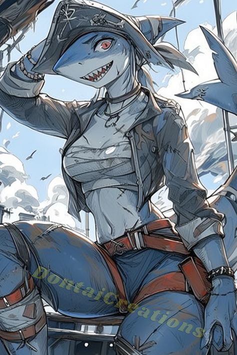 Using Midjourney and Niji to create a Shark captain sitting on her boat. If you like this and want to see more make sure to follow. Were Shark, Deathclaw Female, Female Shark Oc, Shark Oc Male, Shark Man Art, Shark Woman, Squid Person, Masked Character Art, Shark Oc Art Human