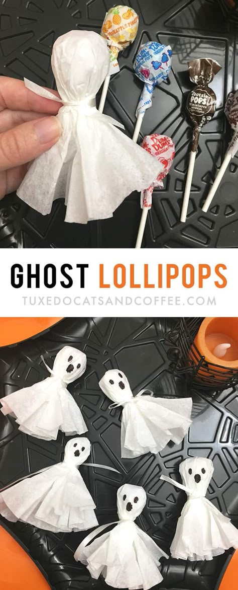 Easy Halloween Party Snacks - Tuxedo Cats and Coffee Ghost Lollipops, Halloween Lollipop, Halloween Food Desserts, Dulces Halloween, Table Halloween, Dress Up Halloween, Easy Halloween Party, Halloween Party Snacks, Halloween Fest