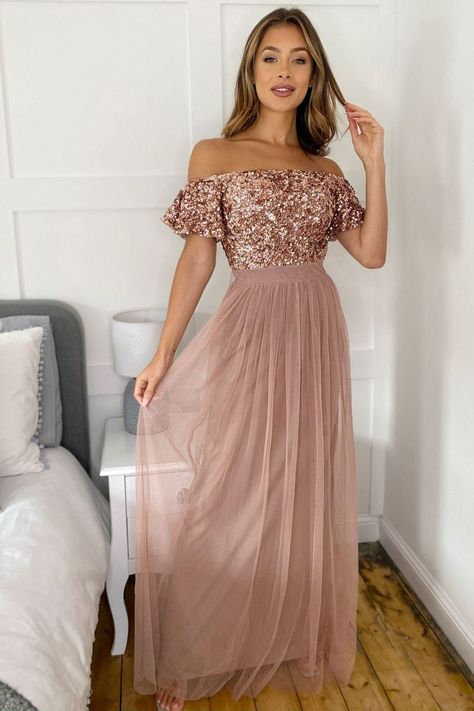 A bardot maxi dress from Sistaglam featuring short sleeves. 100% Polyester. Princess Frocks, Rose Gold Bridesmaid Dress, Party Wear Frocks, Rose Gold Dress, Maid Of Honour Dresses, Off Shoulder Maxi Dress, Rose Gold Sequin, Party Girl, Frock Design