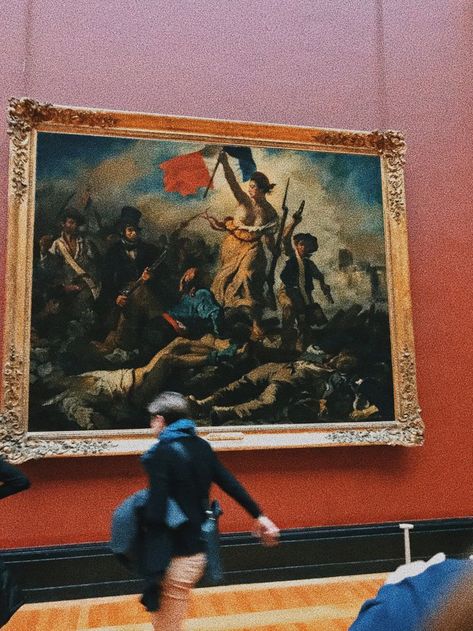 Liberty Leading the People is a painting by Eugène Delacroix commemorating the July Revolution of 1830, which toppled King Charles X of France and this is a photo of that painting in the Louvre museum in Paris, France and a blurry person to be cool and aesthetic Stone Monument, Liberty Leading The People, Eugène Delacroix, Ancient Pyramids, Pyramids Of Giza, The Louvre, Giza, Photoshop Lightroom, Postmodernism