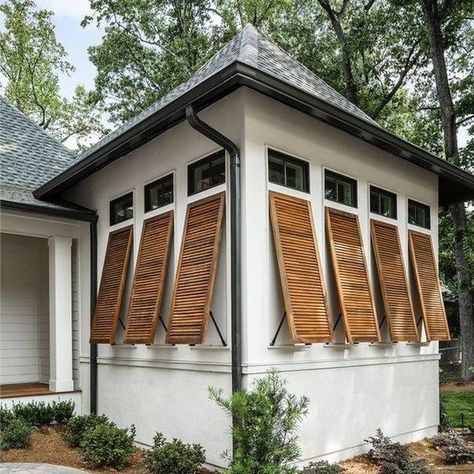 Southern Cottage on Instagram: “Channeling those warmer weather vibes with these custom, cypress, louvered style, Bahama shutters!” Shutters Or No Shutters, Bermuda Shutters, Types Of Shutters, Bahama Shutters, Outdoor Shutters, Louvered Shutters, Southern Cottage, House Shutters, Home Exterior Makeover