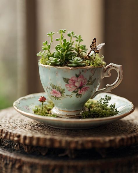 Transform vintage finds into charming mini gardens! This whimsical teacup design brings delight to any space.  Share your creations with us! 🌿💚 #homeandgarden #betterhomesandgardens #homegardening Tea Cup Garden Art, Plants In Teacups, Plants In Tea Cups, Teacup Garden Ideas, Teacup Terrarium, Tea Cup Garden, Tea Cup Planter, Teacup Gardens, Tea Cup Design