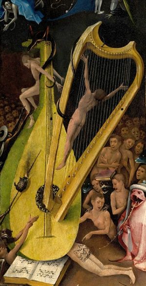 Harp from Hieronymous Bosch _Garden of Earthly Delights_ triptych. I love the detail in the painting; someday I will make a harp based on this. Jeronimus Bosch, Hieronymus Bosch Paintings, Robert Campin, Hieronymous Bosch, The Garden Of Earthly Delights, Pieter Bruegel, Van Eyck, Earthly Delights, Garden Of Earthly Delights