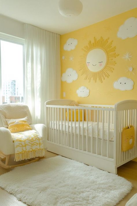 Yellow Nursery Color Nursery, Yellow Conservatory, Sun Theme Nursery, Yellow Baby, Sunshine Baby Nursery, Yellow Baby Room Ideas, Yellow Baby Rooms, Nursery Paint Color, Here Comes The Sun Nursery