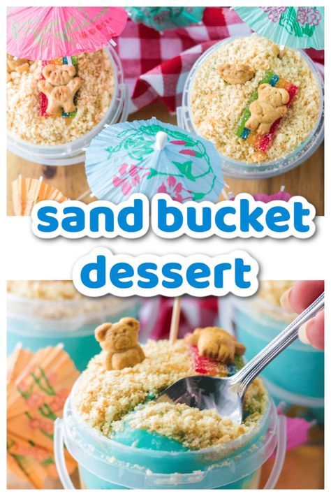 Sand Cake In Bucket, Sand Bucket Pudding Dessert, Sand Bucket Dessert, Sand Recipe Dessert, Boat Dessert Ideas, Sand Dessert Recipe, Quick And Easy Summer Dessert Recipes, Colored Cheesecake, Cheesecake Pudding Recipes