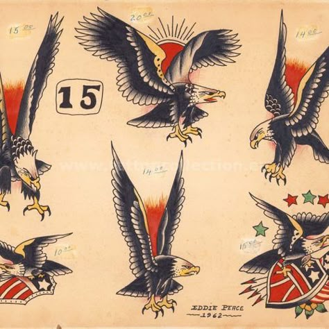 All Old Flash – Page 2 – Tattoo Collection Ed Hardy Eagle, Traditional Eagle Flash, Eagle Tattoo Traditional, American Traditional Eagle, School Reference, Antique Tattoo, Traditional Eagle, Traditional Eagle Tattoo, Sailor Jerry Tattoo Flash