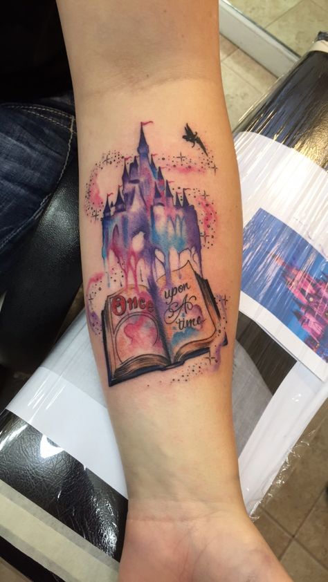 Once Upon A Time… The start to my Disney sleeve. Castle Tattoo, Tattoo Diy, Disney Princess Tattoo, Princess Tattoo, Tattoo Trend, An Open Book, Tattoo Simple, Disney Tattoo, Geniale Tattoos