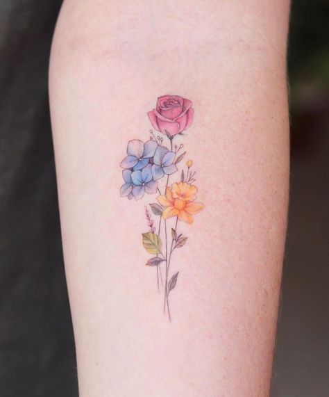 Tiny Daffodil Tattoo, Daffodil Flower Tattoos, Violet Flower Tattoos, Hydrangea Tattoo, Violet Tattoo, Flower Bouquet Tattoo, Daffodil Tattoo, Chrysanthemum Tattoo, Flower Wrist Tattoos