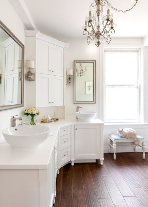 . Transitional Bathroom Design, Manchester Tan, Corner Bathroom Vanity, Corner Vanity, Cabinet Paint Colors, Bathroom Paint Colors, Transitional Bathroom, Bath Remodel, Painting Bathroom