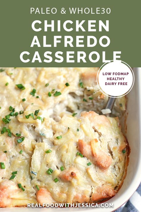 This Paleo Whole30 Chicken Alfredo Casserole is easy to make and pure comfort food. Tender chicken and potatoes covered in a creamy sauce. Gluten free, dairy free, and low FODMAP. Paleo Casserole, Alfredo Casserole, Alfredo Chicken, Chicken Alfredo Casserole, Whole30 Chicken, Against All Grain, Chicken And Potatoes, Paleo Chicken, Paleo Whole 30