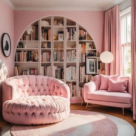 Blush Pink Bedroom Decor, Pink Bookshelves, Yellow Kitchen Cabinets, Aesthetic Bookshelf, Pink Living Room Decor, Pastel Home Decor, Pink Furniture, Pink Living Room, Bedroom Wall Colors