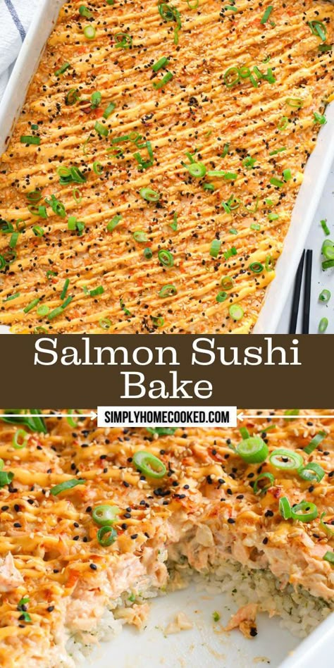 This Salmon Sushi Bake is full of salmon, imitation crab, spicy mayo, and rich cream cheese. This dish is full of spicy, creamy, and umami flavors that are delicious. Tiktok Salmon Sushi Bake, Sushi Bake No Salmon, Smoked Salmon Sushi Bake, Baked Salmon Sushi Recipes, Crab And Salmon Sushi Bake, Simple Sushi Bake, Spicy Crab Sushi Bake, Sushi Bake Salmon And Crab, Spicy Salmon Sushi Bake