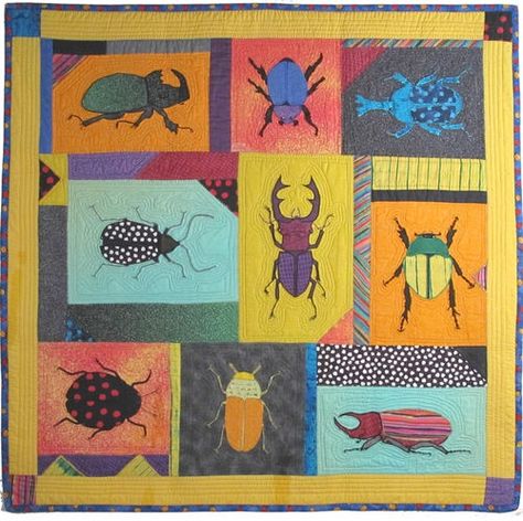 Beetles, 37 x 37", quilt design by Mark Konchinsky.  Pattern at Critter Pattern Works Bug Quilt, Machine Applique Patterns, Farmers Wife, Butterfly Quilt, Fabric Sewing Patterns, Fabric Postcards, Paper Pieced Quilt, Hawaiian Quilts, Miniature Quilts