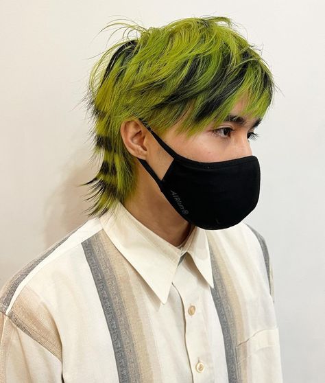 Raccoon Tail Hair Short, Raccoon Tail Hair, Moss Hair, Neon Green Hair, Short Punk Hair, Hair Stripes, Mint Hair, Men Hair Color, Dyed Hair Inspiration