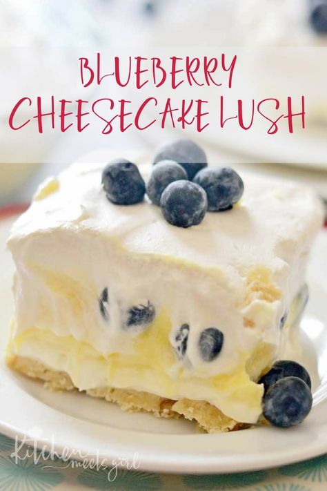 This Blueberry Cheesecake Lush is a quick and simple dessert recipe for your spring and summer get-togethers.  Layers of cream cheese, Cool Whip, pudding and fresh fruit make this a breeze to assemble! Kolacky Recipe, Cool Whip Pudding, Cheese Rangoon, Cheesecake Lush, Jalapeno Recipe, Pinwheel Recipe, Homemade Cool Whip, Mints Recipe, Wonton Recipe