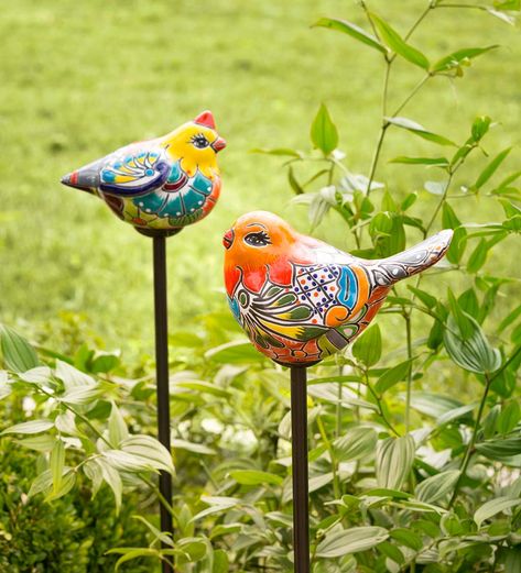 Ceramic Garden Art Pottery, Talavera Pottery Garden, Talavera Garden, Spring Ceramics, Ceramic Garden Art, Animal Pottery, Easter Pottery, Bird Sculptures, Clay Birds