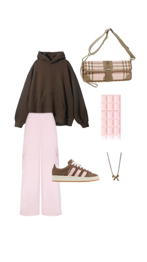 Brown hoodie. Pink sweatpants. Adidas. Bow necklace. Sabrina carpenter perfume. Brown and pink bag! Sweatpants Adidas, Brown Hoodie, Pink Sweatpants, Brown And Pink, Pink Fits, Bow Necklace, Sabrina Carpenter, Girly Girl, Pink Bag