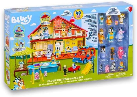 Bluey's House Playset - recreate all the fun scenes from Bluey's TV show with the amazing playset. This incredible set looks just like Bluey's home, making it the perfect place to bring your favorite show moments to life. Bluey's home is packed with cool details that match the TV show perfectly. There are doors that open and close, just like in the show, so Bluey and her family can go on exciting adventures. Plus, the bundle includes everything you need for an outdoor BBQ party. Bluey's House, Outdoor Bbq Party, Moose Toys, Pool Time, Easter Cakes, Bbq Party, Dinosaur Toys, Backyard Fun, Backyard Bbq