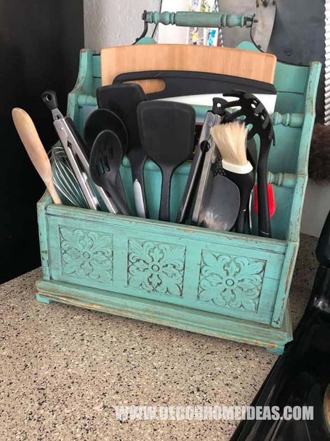 Farmhouse Kitchen Utensils, Kitchen Caddy, Small Pantry Organization, Utensil Storage, Small Pantry, Wood Magazine, Kitchen Counter Decor, Counter Decor, Kitchen Utensil Holder