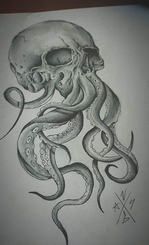 Skull Kraken Tattoo Design, Jellyfish Skull Tattoo, Octopus Thigh Tattoos, Ocean Creatures Art, Octopus Artwork, Skate Bord, Patch Tattoo, Kraken Tattoo, Creepy Paintings