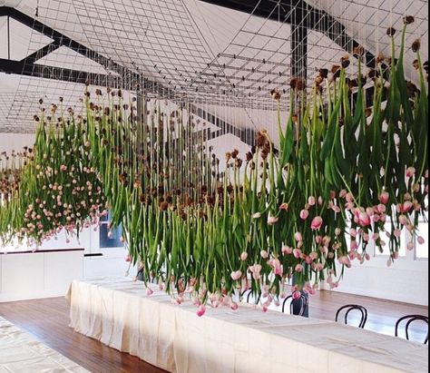 Fishing Wire Hanging Flowers, Flower Museum, Hanging Installation, Fishing Wire, Tulip Wedding, Flower Hanging, Flower Installation, Floral Chandelier, Hanging Flowers