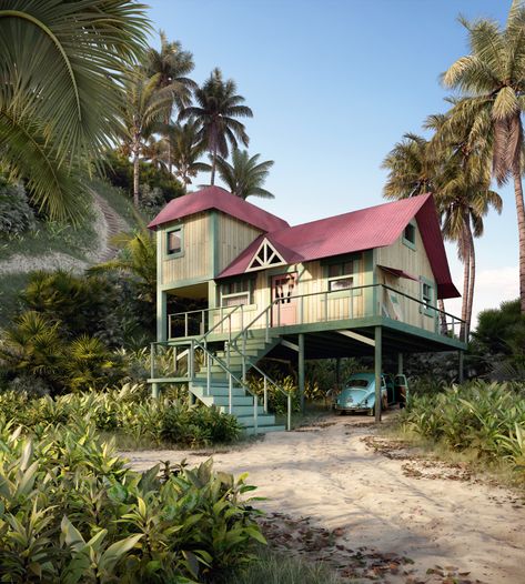 Polynesian Beach House, Hawaii Architecture Traditional, Lilo And Stitch House, Tropical Beach House Exterior, Island Life House, Polynesian House, Polynesian Architecture, Island House Exterior, Island Home Exterior