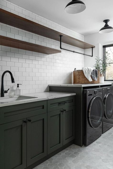 Green with envy over this beautiful laundry room! Equip yours with an LG Front Load Washer and Dryer.🌿

📸 via Instagram: @ redstart.construction @ lgusa

Tap to explore LG Laundry!

#laundryroom #laundryroomdesign #homeinspo #greencabinents Green Modern Laundry Room, Green And Black Laundry Room, Green Laundry Room Cabinets, Green Laundry Room, Room Colours, Oak House, Green Laundry, Laundry Room Sink, Kitchen Prices