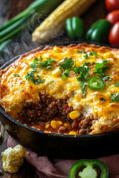 This Texas Tamale Pie is a hit at our house! We enjoy serving it on Christmas Eve or for any special occasion. It’s a delightful twist on traditional tamales, easy to prepare and always a crowd-pleaser. Enjoy a slice of Texas with this Tamale Pie, featuring a cornmeal and cheese topping. Beneath the cornbread layer, Texas Tamale Pie, Beef Tamale Pie, Mexican Cuisine Recipes, Traditional Tamales, Tamale Pie Recipe, Jiffy Cornbread Recipes, Beef Tamales, Cold Weather Comfort Food, Tamale Recipe