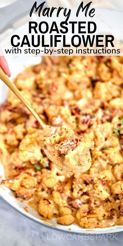 Discover the magic of Marry Me Cauliflower recipe! With just 10 minutes of prep time, you can enjoy perfectly roasted cauliflower smothered in a creamy, garlicky sauce. Packed with flavor and easy to make, it's a guaranteed hit for busy weeknights! Riced Cauliflower Ideas, Minced Cauliflower Recipes, Vegetarian Keto Recipes Dinners Easy, Best Cauliflower Recipes Side Dishes, Food Impromptu Recipes, Cauliflower Skillet Recipes, Quest Cauliflower Bake, Rices Cauliflower Meals, Pureed Cauliflower Recipes