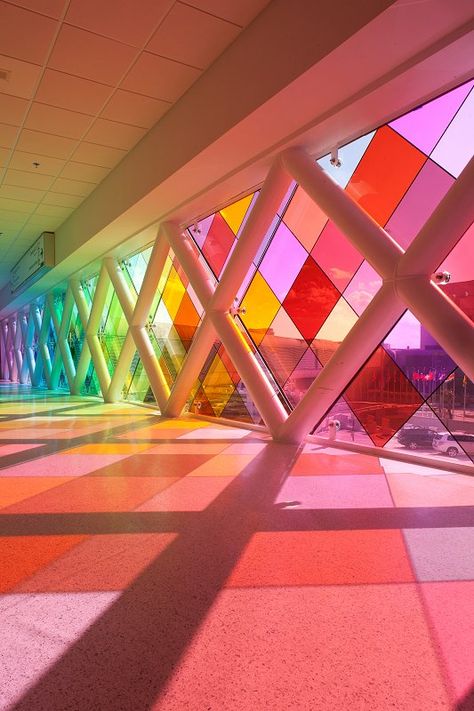 Cool Spaces, Color In Architecture, Friendly Aesthetic, Miami Airport, Environmental Graphic Design, Colorful Space, Sea Glass Art, Fused Glass Art, Light Installation