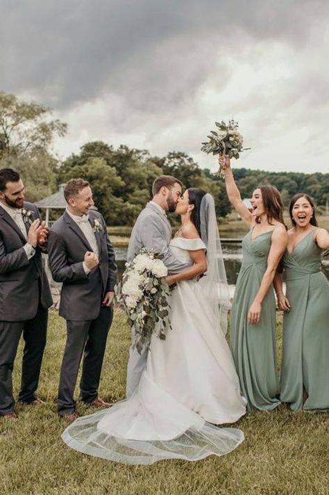 Rustic-Chic Barn Wedding In Pennsylvania | Browse Real Weddings on The Budget Savvy Bride | Photographer: Peruso Photography | wedding inspiration | wedding ideas | wedding ceremony | budget wedding | bride and groom | wedding party Groomsmen Attire Eucalyptus, Gray Suit Green Shirt, Eucalyptus Wedding Party Colors, Charcoal Grey And Sage Green Wedding, Grey Groom And Groomsmen Attire, Sage And Grey Wedding Party, Dark Gray And Sage Green Wedding, Sage Green Wedding Bride And Groom, Dusty Sage Groomsmen Attire