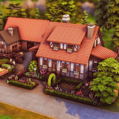 German farm in half-timbered style Hello Lovelies! Today I would like to share my build for #unityindiversitycollab hosted by @thegoldenage.builds with you. I thought I would build a german farm, with half-timbering and red roof tiles, like you can still see in Germany from time to time. The backstory and the basic idea are a bit sadder. Unfortunately, many beautiful old buildings and houses in this country are completely deteriorating. We have so many empty old houses where I live. This is... Sims4 British House, Sims 4 Old Farmhouse, Sims 4 Country Manor, Sims 4 German House, Windenburg Sims 4 Lots, Red Roof Tiles, Money And Love, Ts4 Builds, German Houses