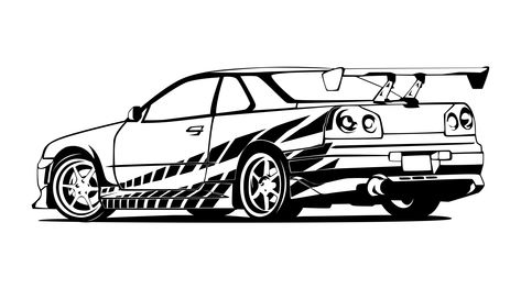 Car Line Art Tattoo, R34 Tattoo Ideas, Fast Car Drawing, Skyline Drawing Car, Fast And Furious Cars Drawing, Car Lineart, Cars Line Art, Car Outline Tattoo, Jdm Drawing