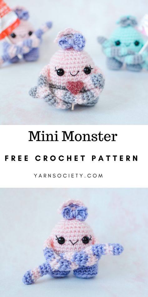 Mini Monster is the perfect crochet partner. She’s willing to tag along wherever you go, and is always eager to offer an extra set of hands to help hold your goodies… especially the sweet variety. Crocheted Animals, Crochet Monsters, Tilda Dolls, Mini Monster, Crochet Keychain Pattern, Tiny Hands, Crochet Animals Free Patterns, Kawaii Crochet, Crochet Amigurumi Free