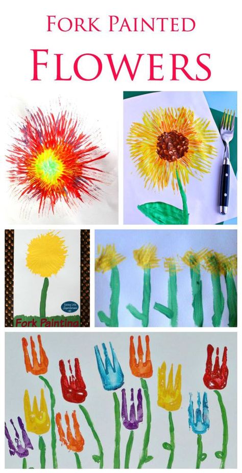 Fork Painted flowers. A great little painting technique for kids Fork Painting, Fork Art, Painting Activities, Spring Crafts For Kids, Art Projects For Kids, Toddler Art, Spring Art, Painted Flowers, Preschool Art