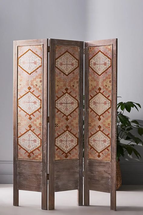 Fez Upholstered Room Divider | Anthropologie Panel Partition, Table Tray Decor, Aesthetic Advice, Antique Homes, Coffee Table Decor Tray, Styling Services, Natural Wood Texture, Room Divider Screen, Divider Screen