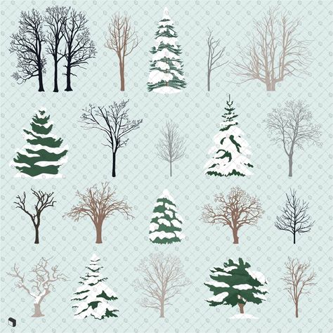 Winter trees with snow in a flat vector style. Perfect for winter themed designs, backgrounds, logos, icons, and Snow Tree Drawing, Tree With Snow Drawing, Winter Trees Drawing, Winter Tree Illustration, Xmas Tree Drawing, Winter Tree Drawing, Bush Drawing, Winter Windows, Pine Tree Drawing