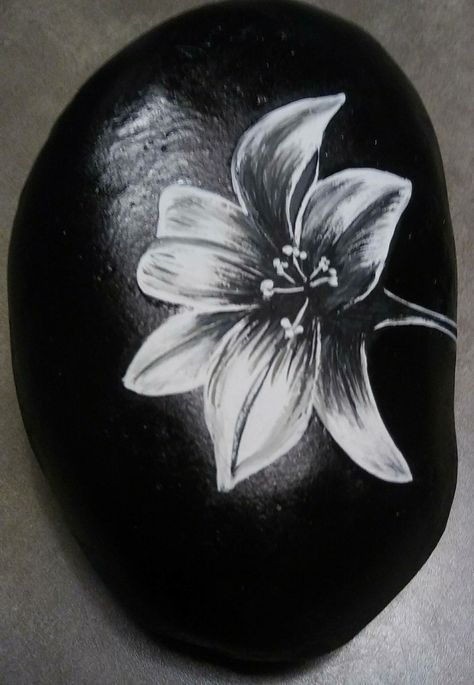 Rock Painting Black And White, Stone Artwork, Rock Flowers, Lily Painting, Stone Art Painting, Rock Painting Ideas Easy, Fluid Acrylic Painting, Hand Painted Stones, Rock Decor