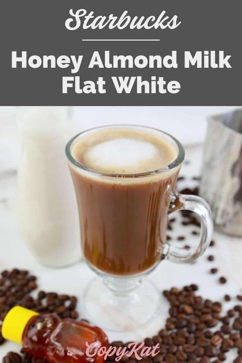 Starbucks Honey Almond Milk Flat White is a delicious and smooth coffee drink. Get the easy copycat recipe and find out how to make the best espresso drink with honey and almond milk. Blonde roast coffee gives it light flavor, honey adds sweet richness, and almondmilk makes it creamy and dairy-free. #starbucks #coffeeshop #copycat #copycatrecipe Honey Almond Milk Flat White, Easy Coffee Drinks Recipes, Easy Coffee Drinks, Espresso Drink, Almond Milk Coffee, Fast Food Drinks, Dairy Free Coffee, Honey Almonds, Copykat Recipes