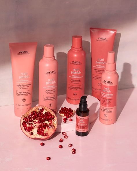 Aveda on Instagram: “Potent plant power, bottled up. New 94% naturally derived* Nutriplenish features organic pomegranate oil, mango butter, organic coconut oil…” Aveda Makeup, Aveda Hair Color, Aveda Hair, Aveda Salon, Aveda Color, Facial Waxing, Pomegranate Oil, Shampoo Bowls, Hair Therapy