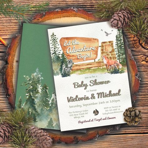 Adventure National Park Baby Shower Invitation National Park Baby Shower Theme, Baby Shower Clothesline, Forest Baby Shower Invitations, Adventure Birthday Party, Forest Baby Showers, Adventure Baby Shower, Park Birthday, Woodland Birthday Party, Forest Baby