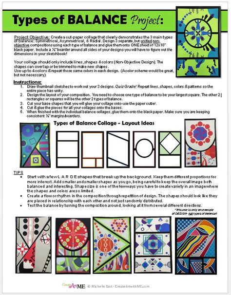 Types of Balance Cut-Paper Collage Handout Balance In Art, Types Of Balance, Art And Craft Projects, Art Handouts, High School Art Projects, Istoria Artei, Art Lessons Middle School, Balance Art, Art Theory